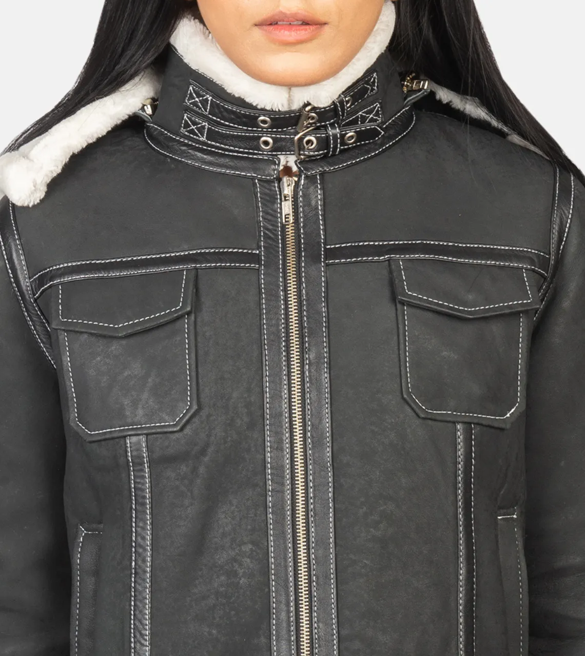 Fiona Black Hooded Shearling Women's Leather Jacket