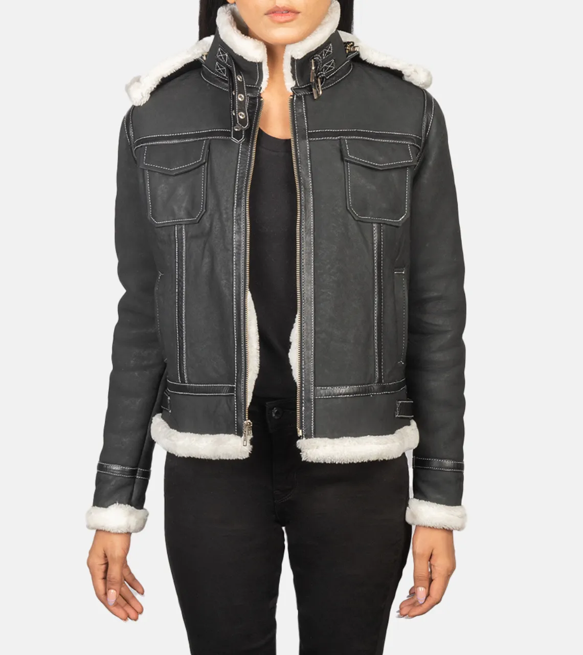 Fiona Black Hooded Shearling Women's Leather Jacket