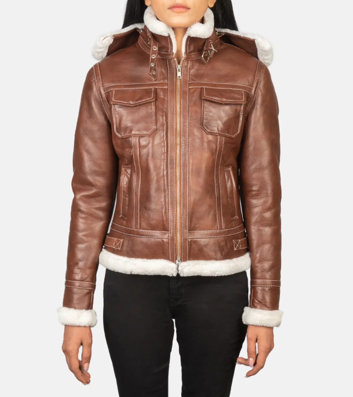 Fiona Brown Hooded Shearling Women's Leather Jacket