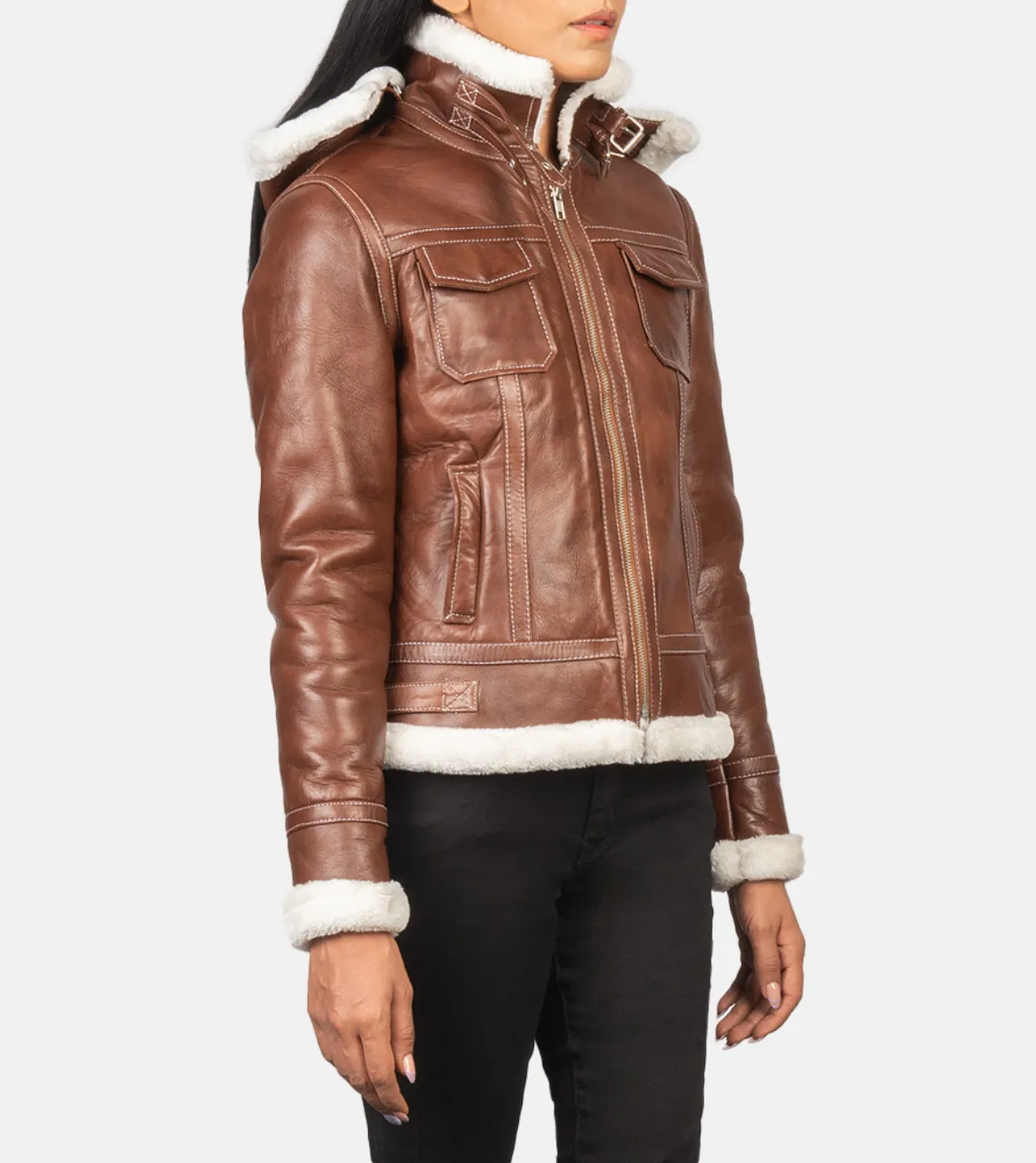 Fiona Brown Hooded Shearling Women's Leather Jacket