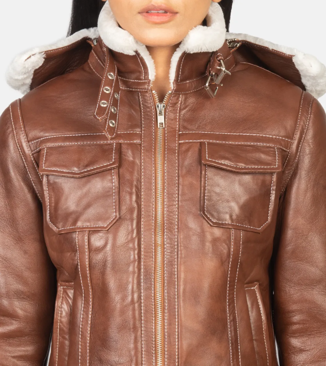 Fiona Brown Hooded Shearling Women's Leather Jacket