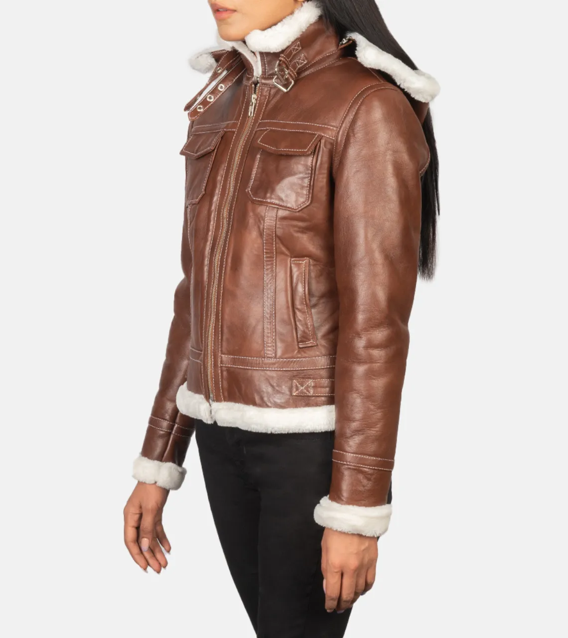 Fiona Brown Hooded Shearling Women's Leather Jacket