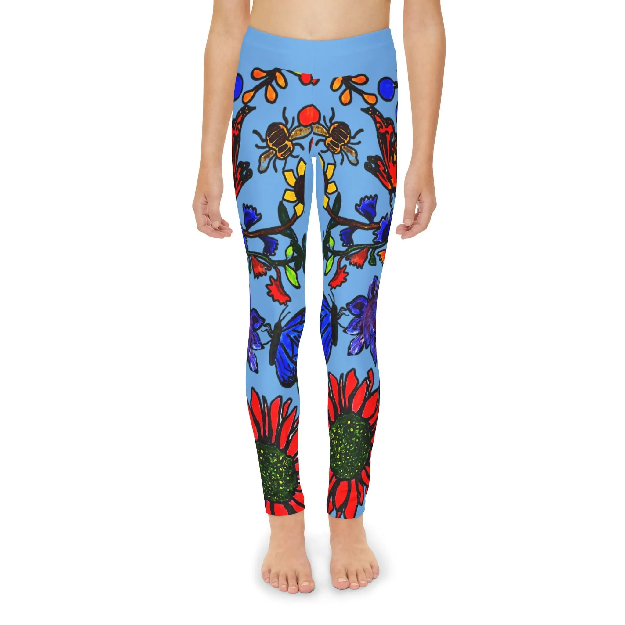 Floral Youth Leggings with Elastic Waistband - Hand Drawn Art Soft and Stretchy