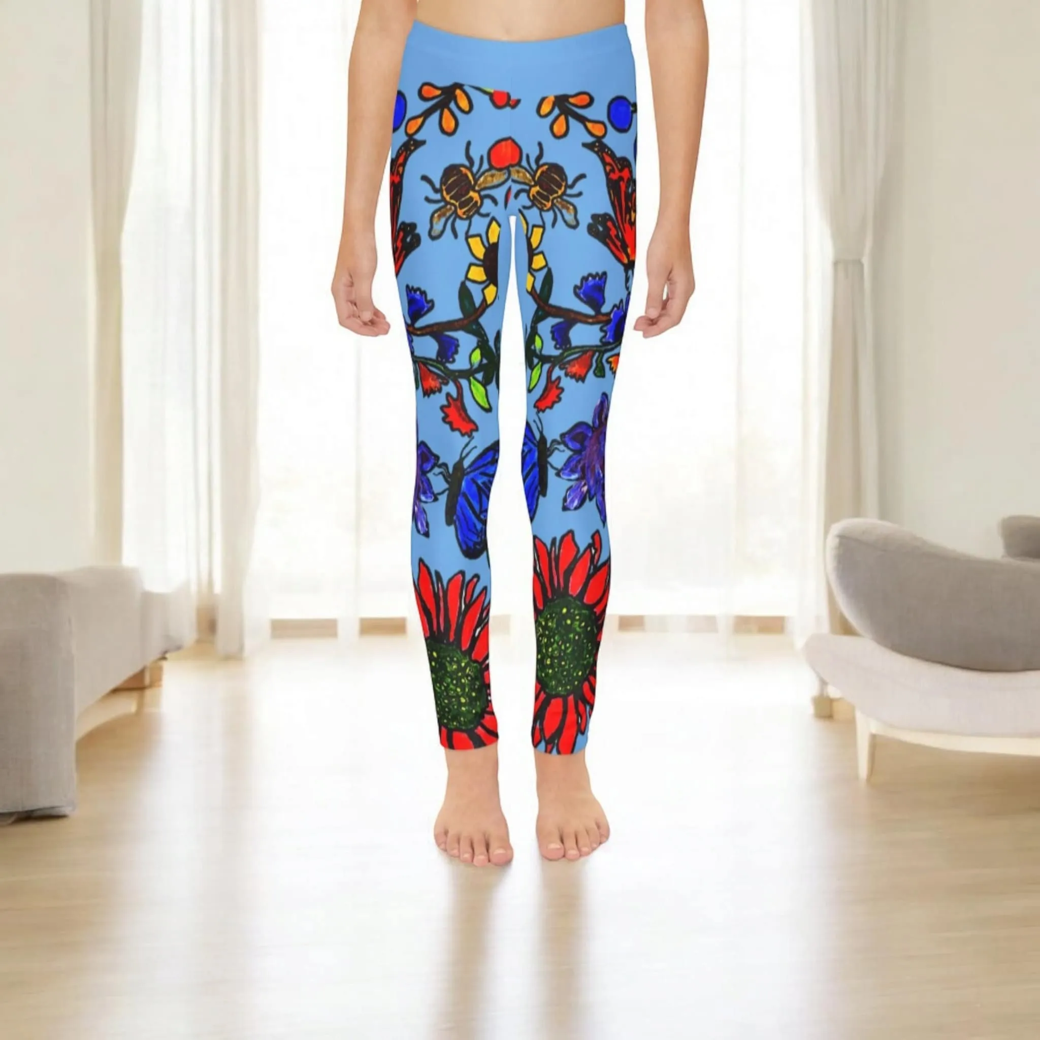 Floral Youth Leggings with Elastic Waistband - Hand Drawn Art Soft and Stretchy