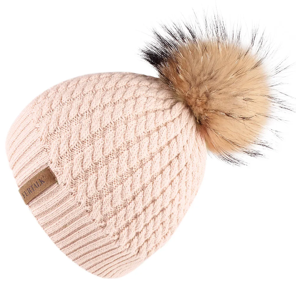 FURTALK Women Winter Real Fur Pom Pom Hat Twist Drop Shipping HTWL003