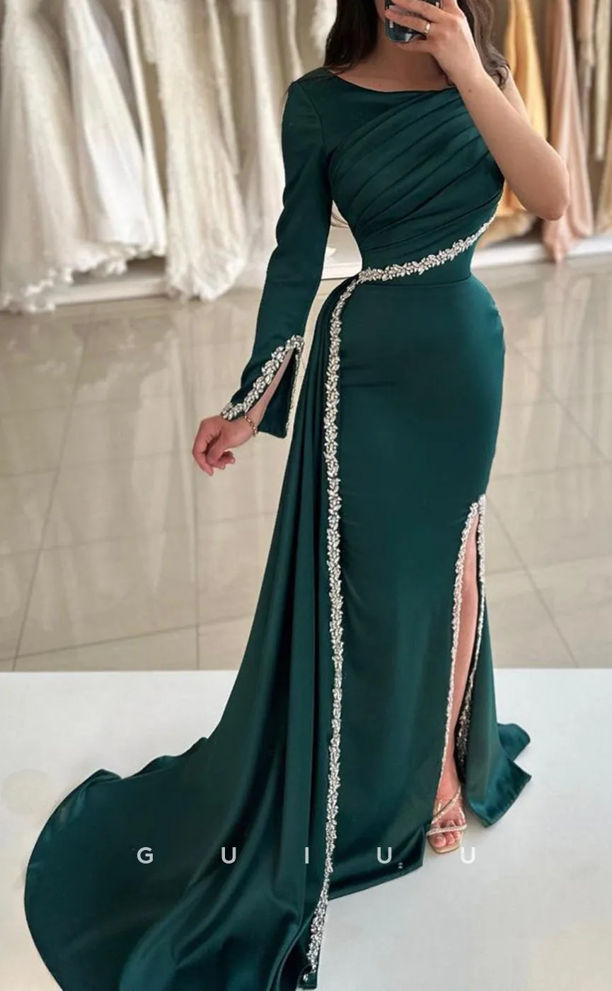 G3382 - Glamorous & Dramatic Sheath & Mermaid Asymmatrical Long Sleeves Beaded Side Slit Sweep Train Formal Party Prom Dress