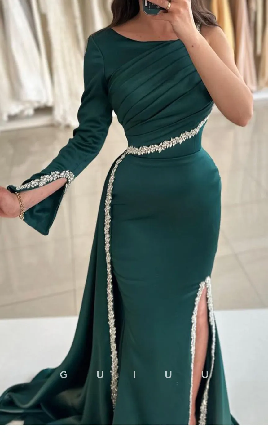 G3382 - Glamorous & Dramatic Sheath & Mermaid Asymmatrical Long Sleeves Beaded Side Slit Sweep Train Formal Party Prom Dress