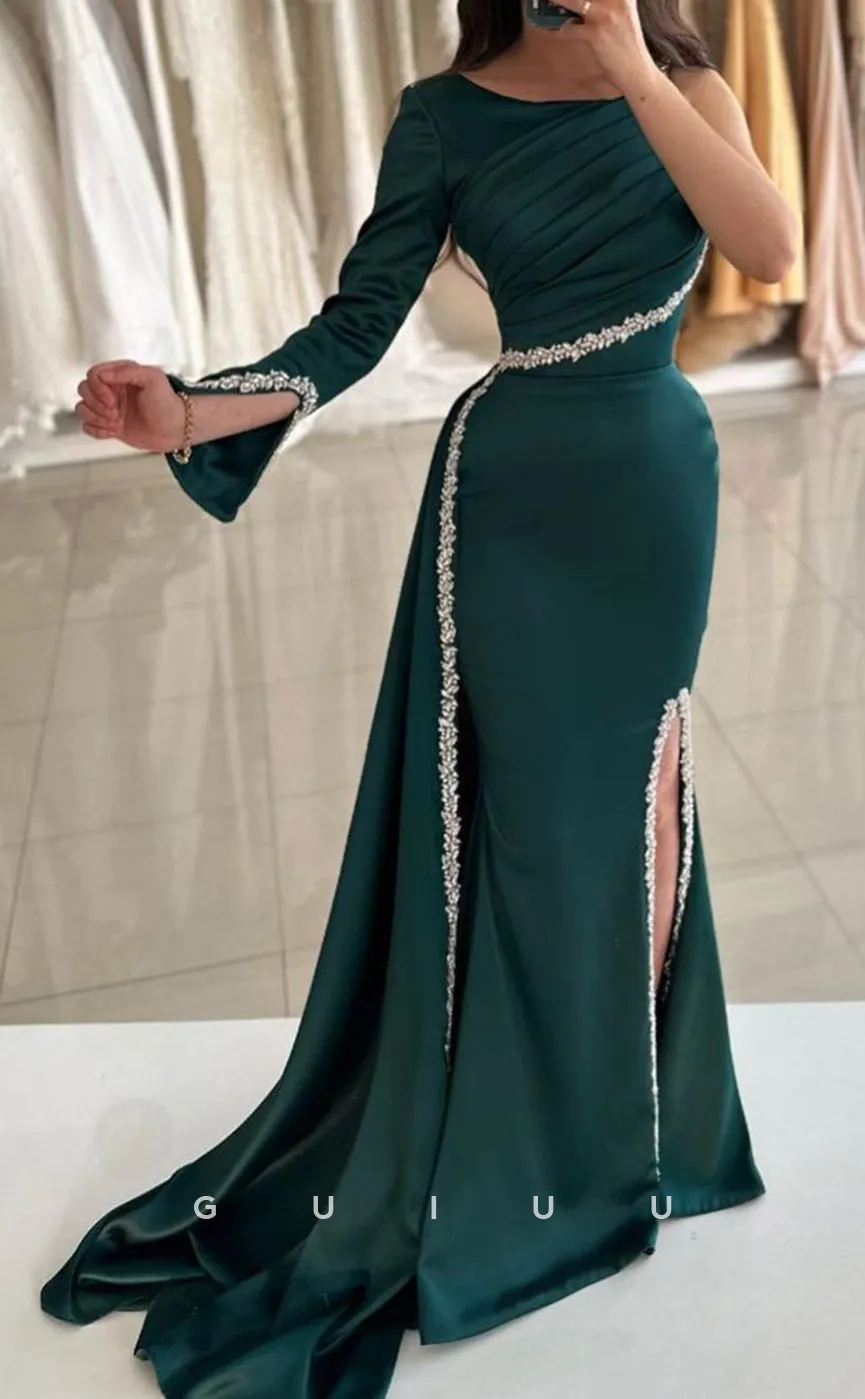 G3382 - Glamorous & Dramatic Sheath & Mermaid Asymmatrical Long Sleeves Beaded Side Slit Sweep Train Formal Party Prom Dress