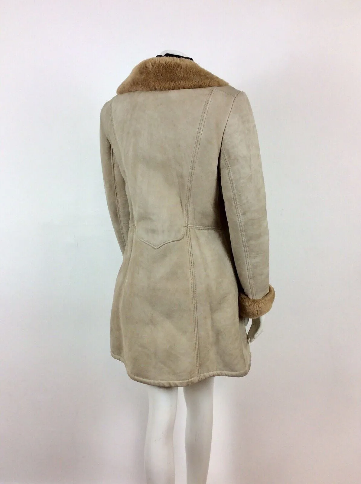 GENUINE VINTAGE 70s SHEARLING SHEEPSKIN CREAM BEIGE COAT FUR TRIM 12 14 16