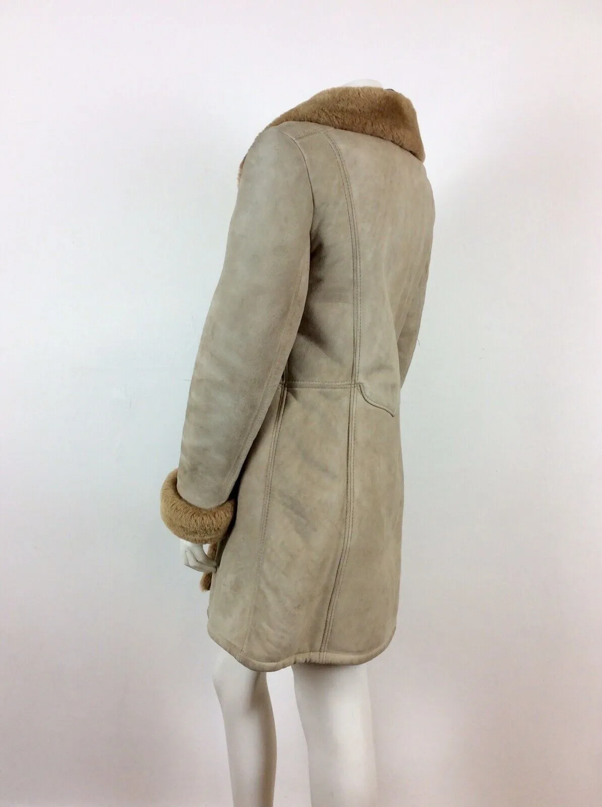 GENUINE VINTAGE 70s SHEARLING SHEEPSKIN CREAM BEIGE COAT FUR TRIM 12 14 16