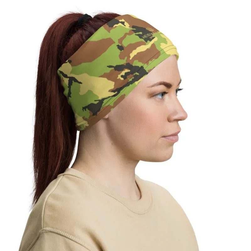 Green Camo Face Mask Shield, Reusable Washable Headband Bandana-Made in USA/EU