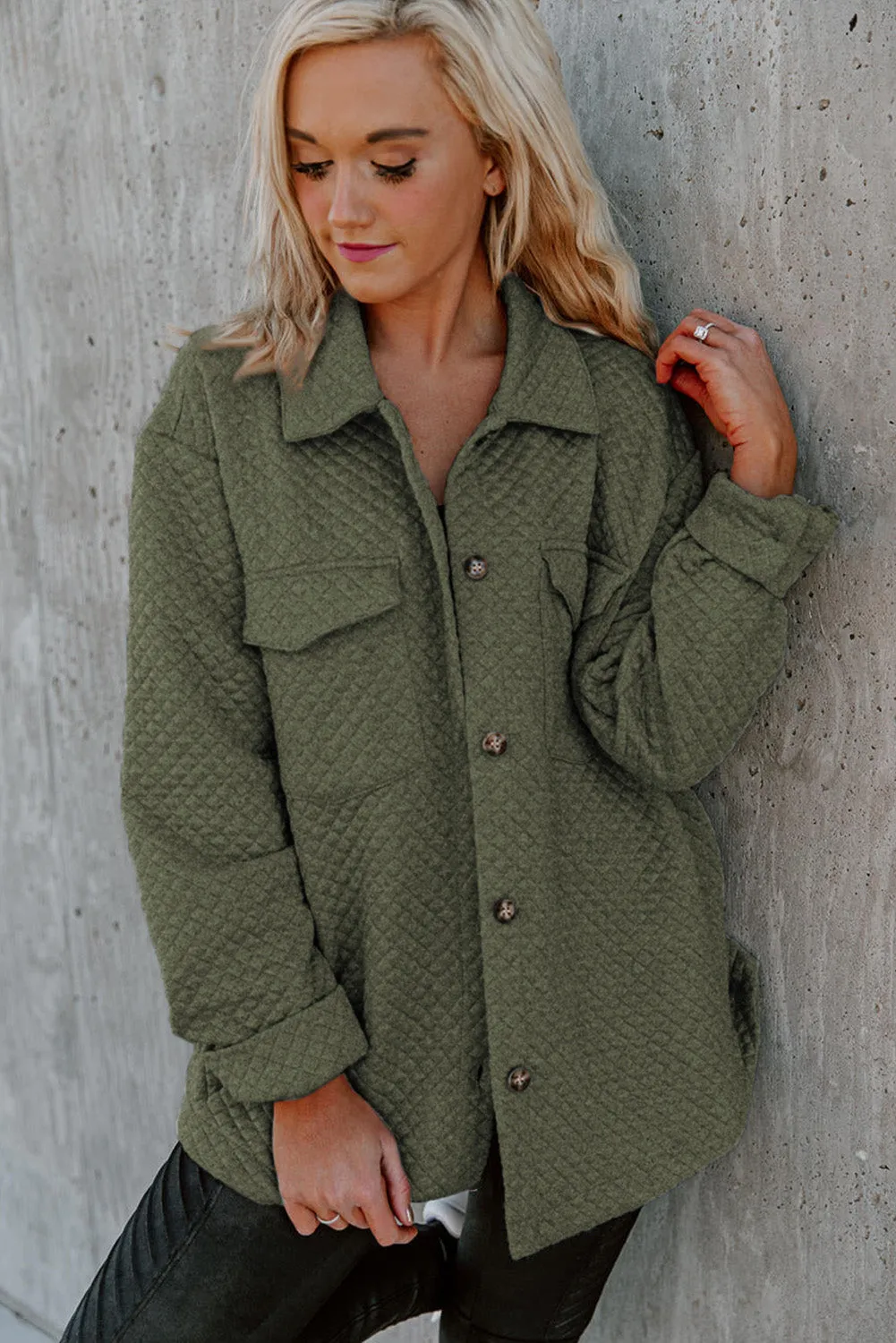 Green Retro Quilted Flap Pocket Button Shacket