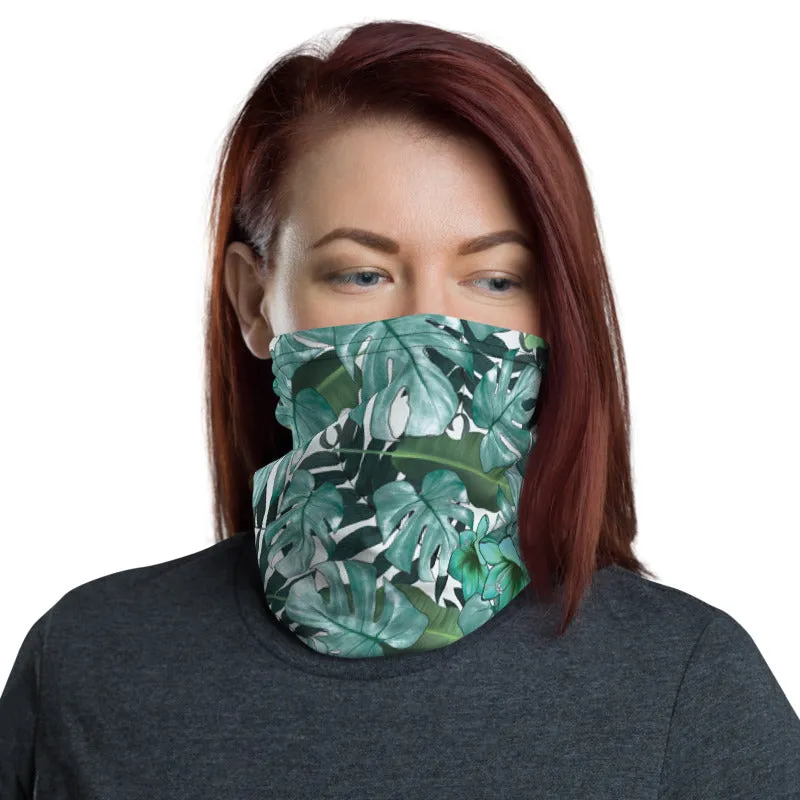 Green Tropical Print Neck Gaiter, Leaf Washable Reusable Face Shield Covering Mask-Made in USA/EU