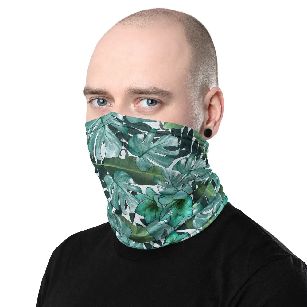 Green Tropical Print Neck Gaiter, Leaf Washable Reusable Face Shield Covering Mask-Made in USA/EU