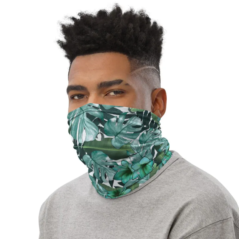 Green Tropical Print Neck Gaiter, Leaf Washable Reusable Face Shield Covering Mask-Made in USA/EU