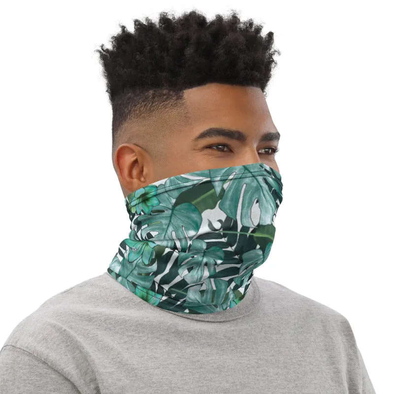 Green Tropical Print Neck Gaiter, Leaf Washable Reusable Face Shield Covering Mask-Made in USA/EU