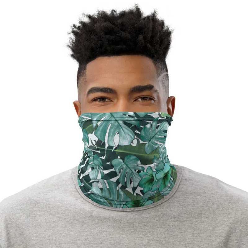 Green Tropical Print Neck Gaiter, Leaf Washable Reusable Face Shield Covering Mask-Made in USA/EU