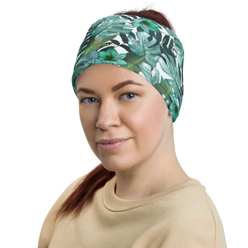 Green Tropical Print Neck Gaiter, Leaf Washable Reusable Face Shield Covering Mask-Made in USA/EU