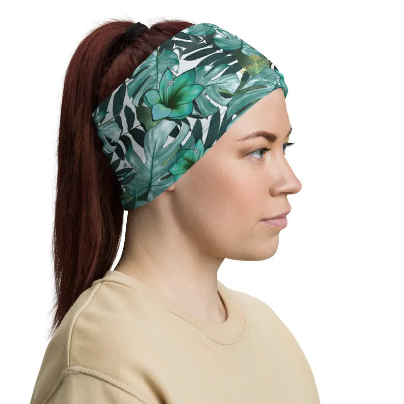 Green Tropical Print Neck Gaiter, Leaf Washable Reusable Face Shield Covering Mask-Made in USA/EU