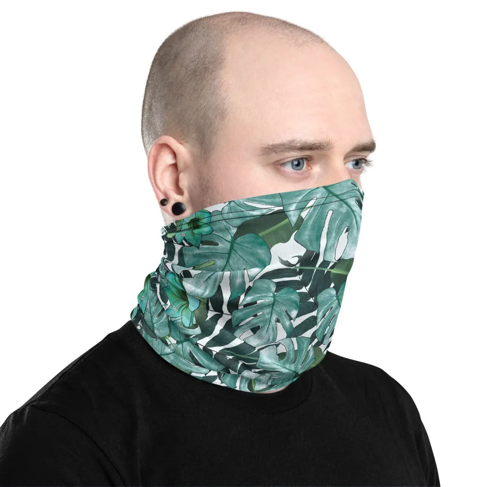 Green Tropical Print Neck Gaiter, Leaf Washable Reusable Face Shield Covering Mask-Made in USA/EU