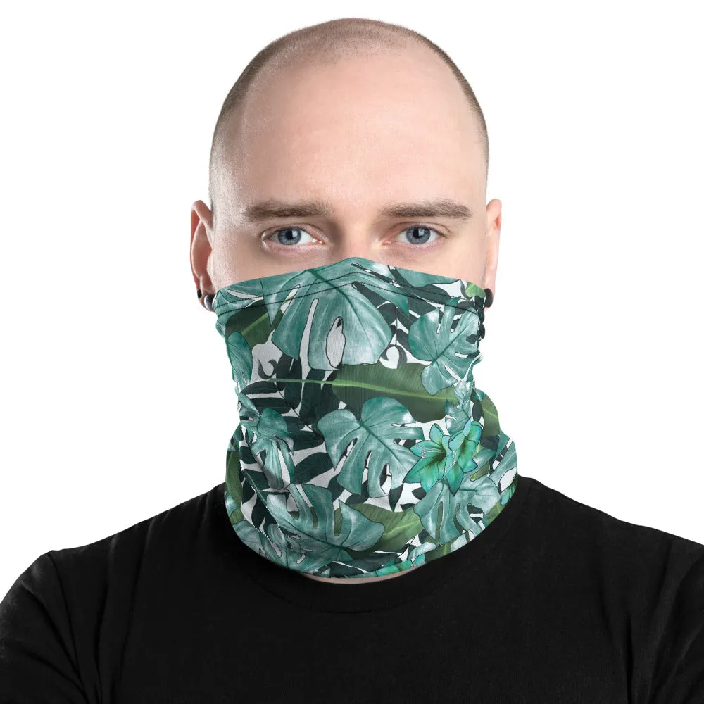 Green Tropical Print Neck Gaiter, Leaf Washable Reusable Face Shield Covering Mask-Made in USA/EU