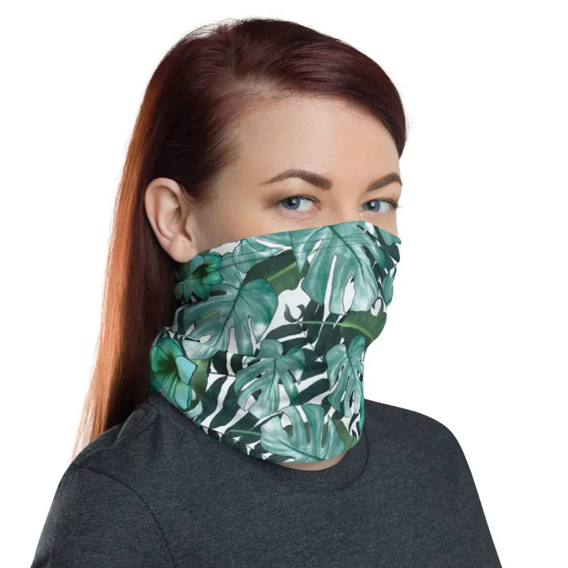 Green Tropical Print Neck Gaiter, Leaf Washable Reusable Face Shield Covering Mask-Made in USA/EU