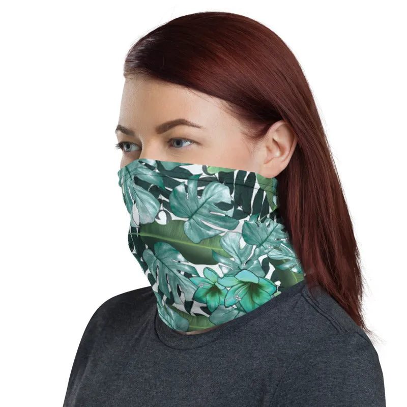 Green Tropical Print Neck Gaiter, Leaf Washable Reusable Face Shield Covering Mask-Made in USA/EU