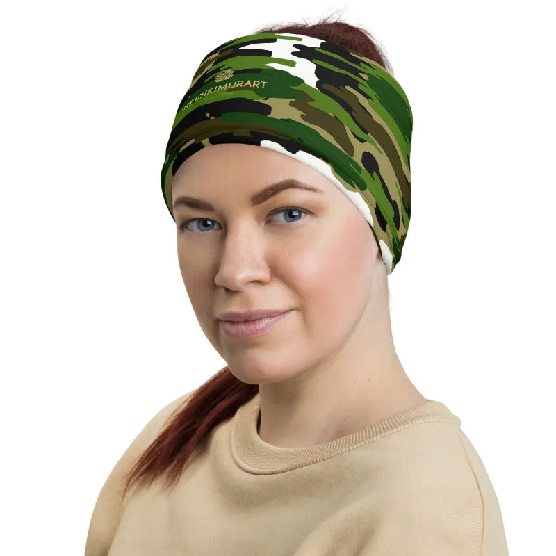 Green White Camo Neck Gaiter, Washable Bandana Face Mask Covering-Made in USA/EU