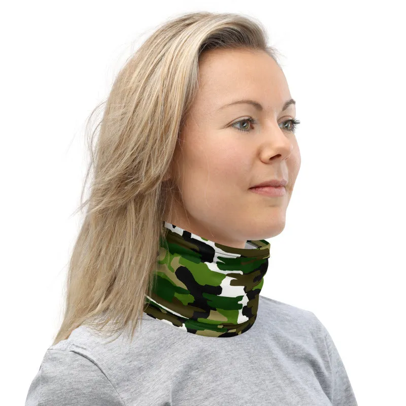 Green White Camo Neck Gaiter, Washable Bandana Face Mask Covering-Made in USA/EU