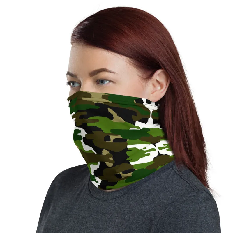 Green White Camo Neck Gaiter, Washable Bandana Face Mask Covering-Made in USA/EU