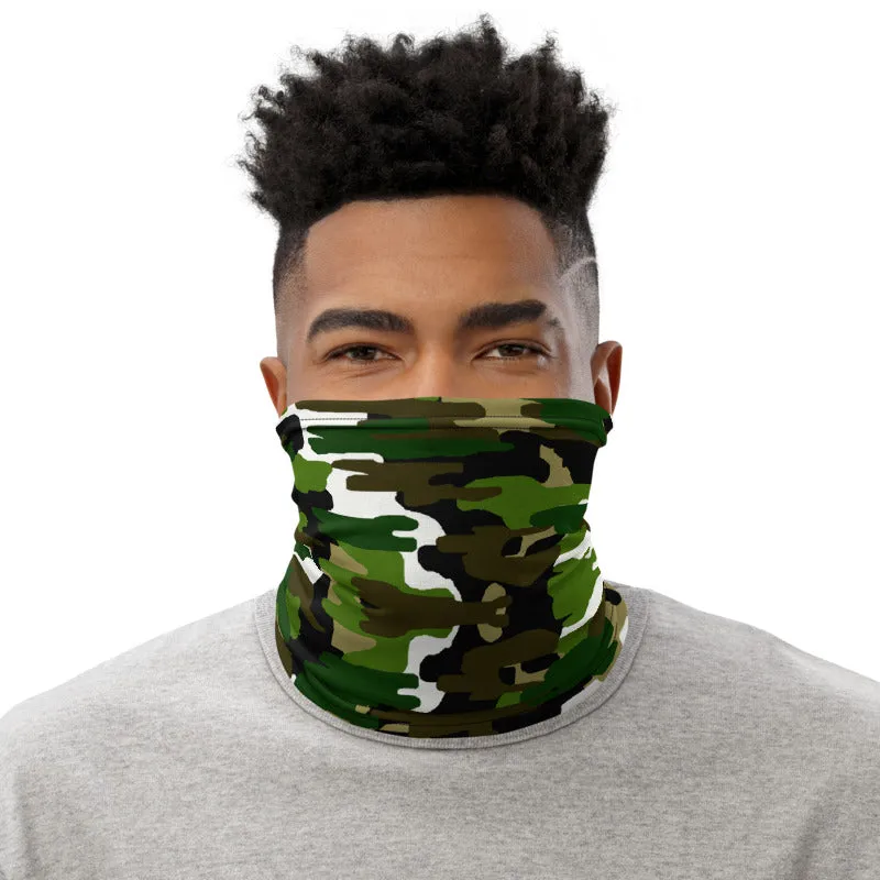 Green White Camo Neck Gaiter, Washable Bandana Face Mask Covering-Made in USA/EU