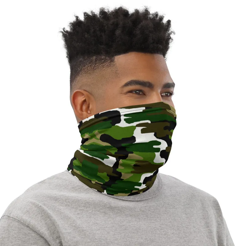 Green White Camo Neck Gaiter, Washable Bandana Face Mask Covering-Made in USA/EU