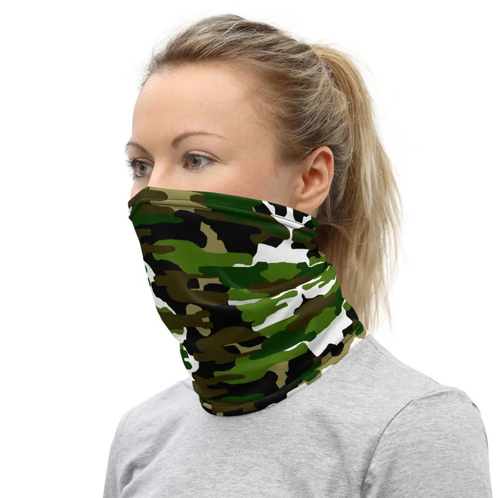 Green White Camo Neck Gaiter, Washable Bandana Face Mask Covering-Made in USA/EU