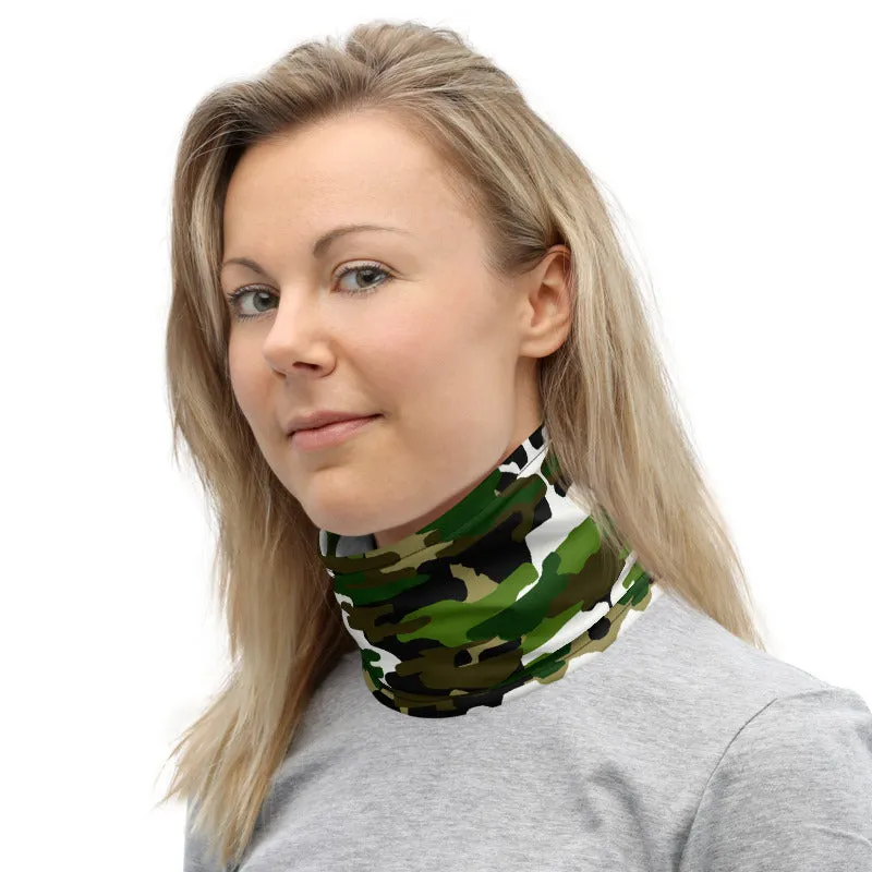 Green White Camo Neck Gaiter, Washable Bandana Face Mask Covering-Made in USA/EU