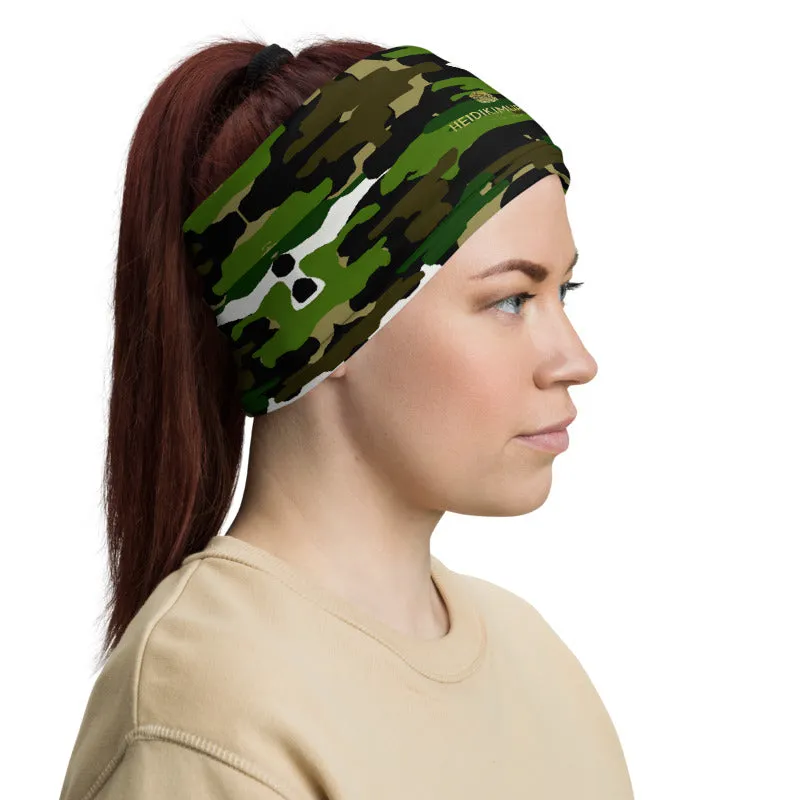 Green White Camo Neck Gaiter, Washable Bandana Face Mask Covering-Made in USA/EU