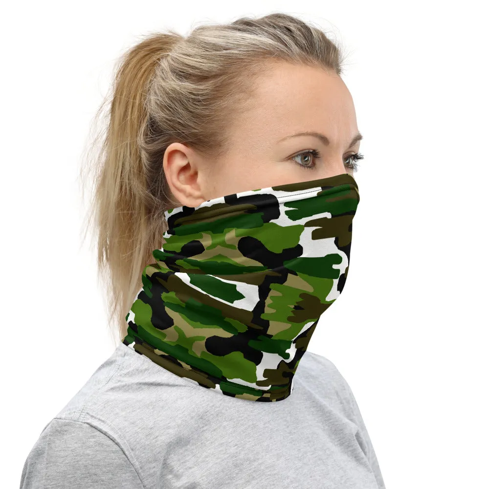 Green White Camo Neck Gaiter, Washable Bandana Face Mask Covering-Made in USA/EU