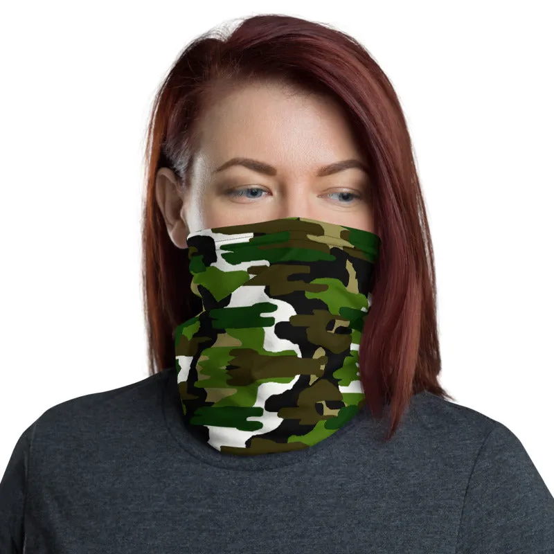 Green White Camo Neck Gaiter, Washable Bandana Face Mask Covering-Made in USA/EU