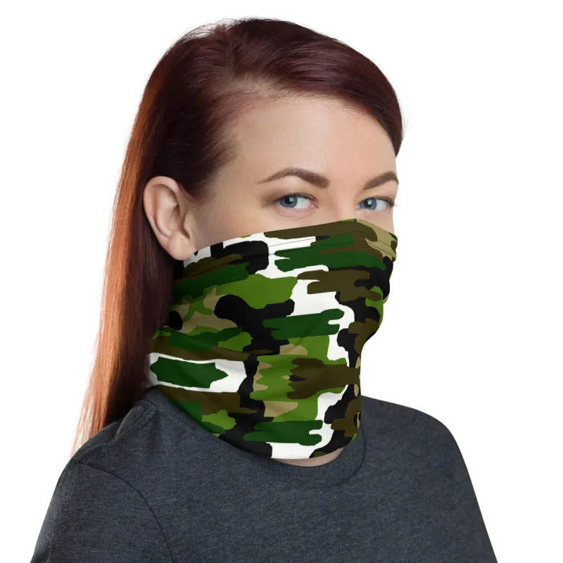 Green White Camo Neck Gaiter, Washable Bandana Face Mask Covering-Made in USA/EU