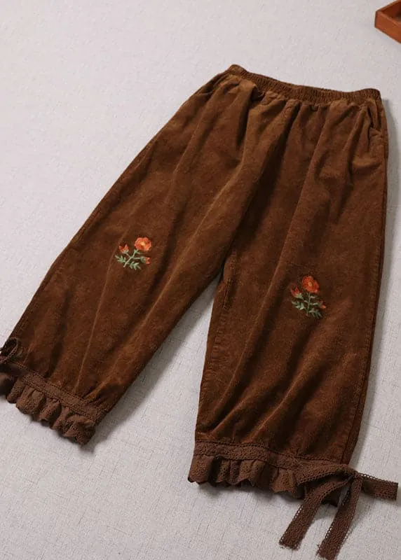 Handmade Coffee Embroideried Lace Patchwork Corduroy Pants Winter