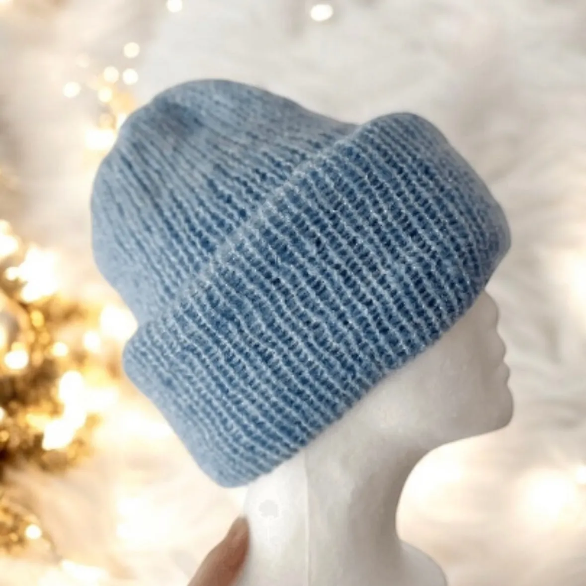 Handmade Double layered knit Beanie | Knit Beret | Slouchy Hat in ice blue glitter | Knit beanie in blue mix | Fluffy and cozy winter hat