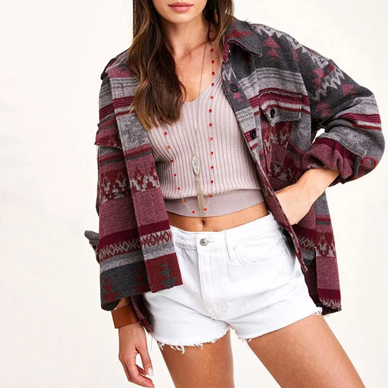 Hippie Tribal Western Retro Aztec Print Pattern Jacket Houndstooth Shacket