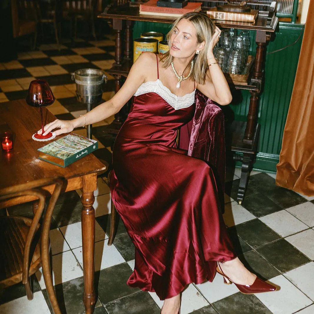 Jacquelyn Silk Dress in Burgundy by Miguelina (HerStory Exclusive)