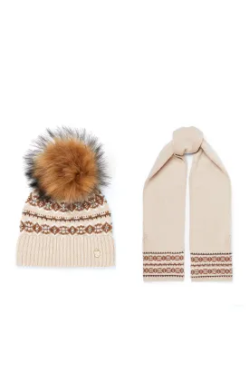 Jennifer Fairisle Bobble Hat & Scarf Set (Light Camel)