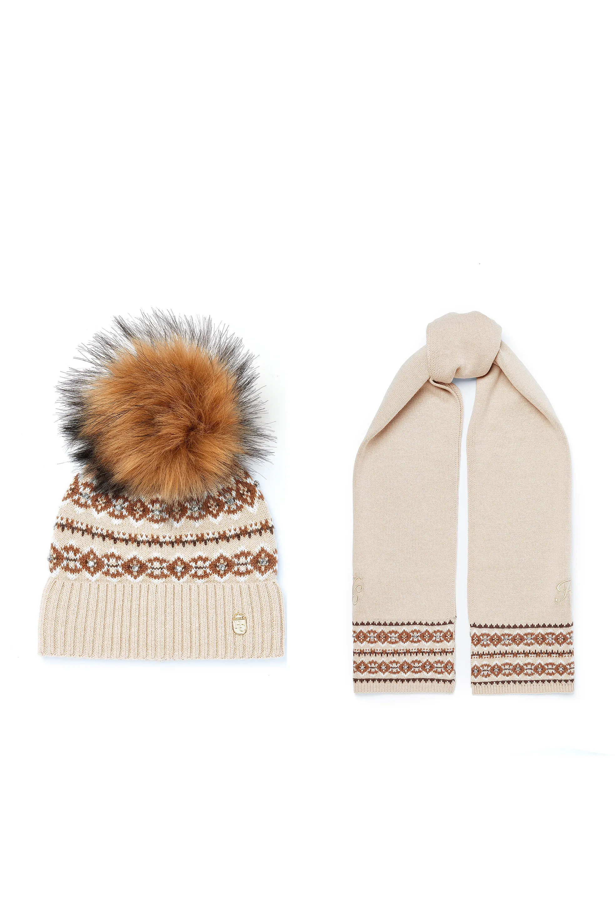 Jennifer Fairisle Bobble Hat & Scarf Set (Light Camel)