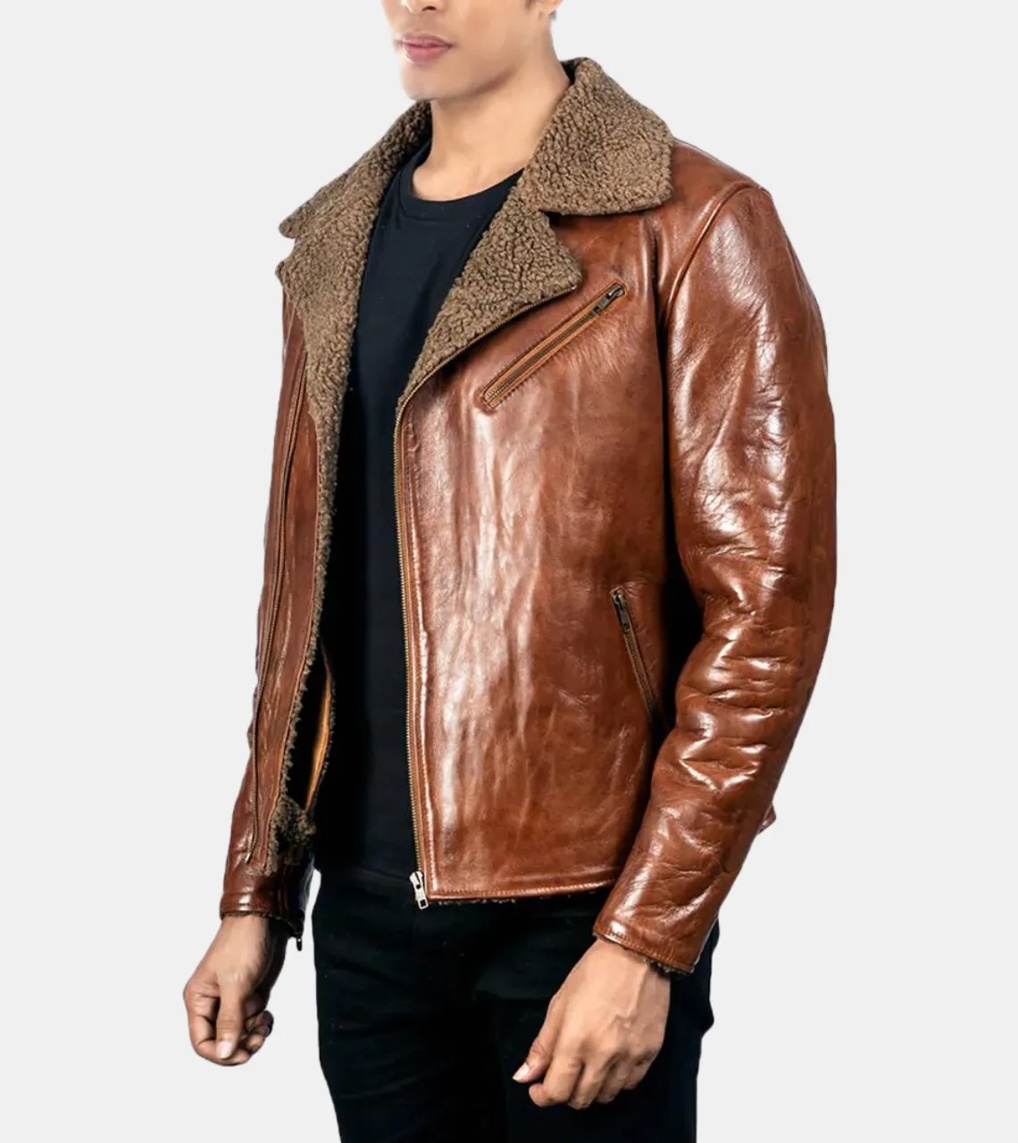 Jessamy Men's Distressed Shearling Brown Leather Jacket