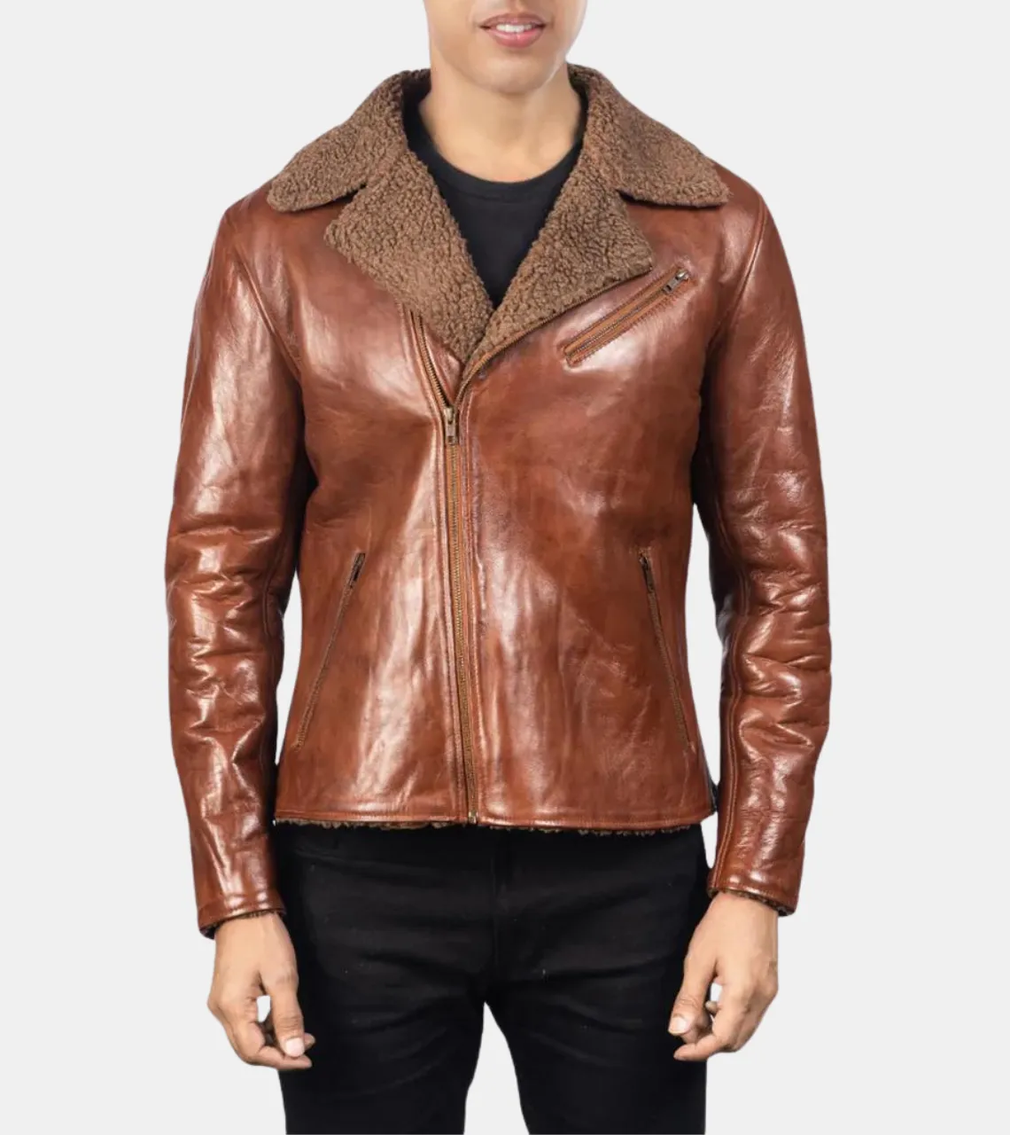 Jessamy Men's Distressed Shearling Brown Leather Jacket