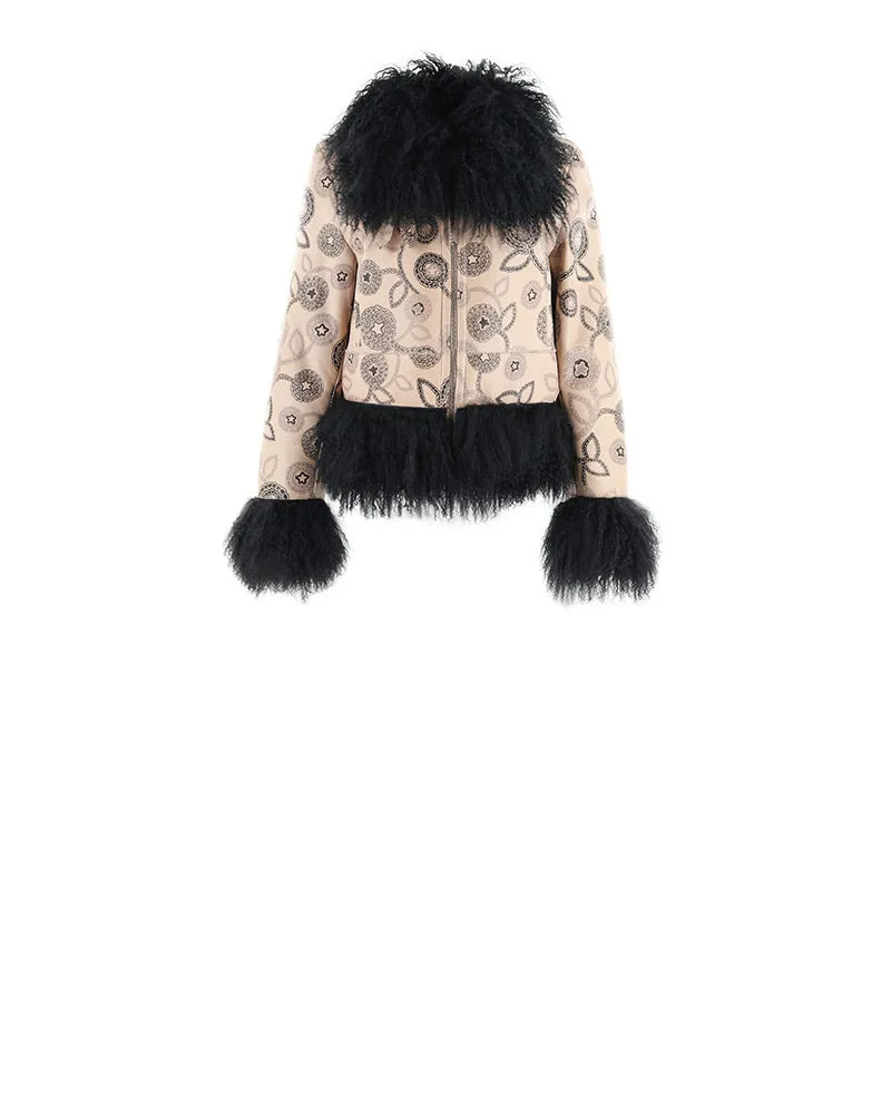 Knitted Flower Printed Shearling Jacket with Curly Lamb Trim Designed by Zandra Rhodes