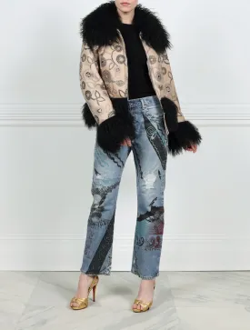 Knitted Flower Printed Shearling Jacket with Curly Lamb Trim Designed by Zandra Rhodes