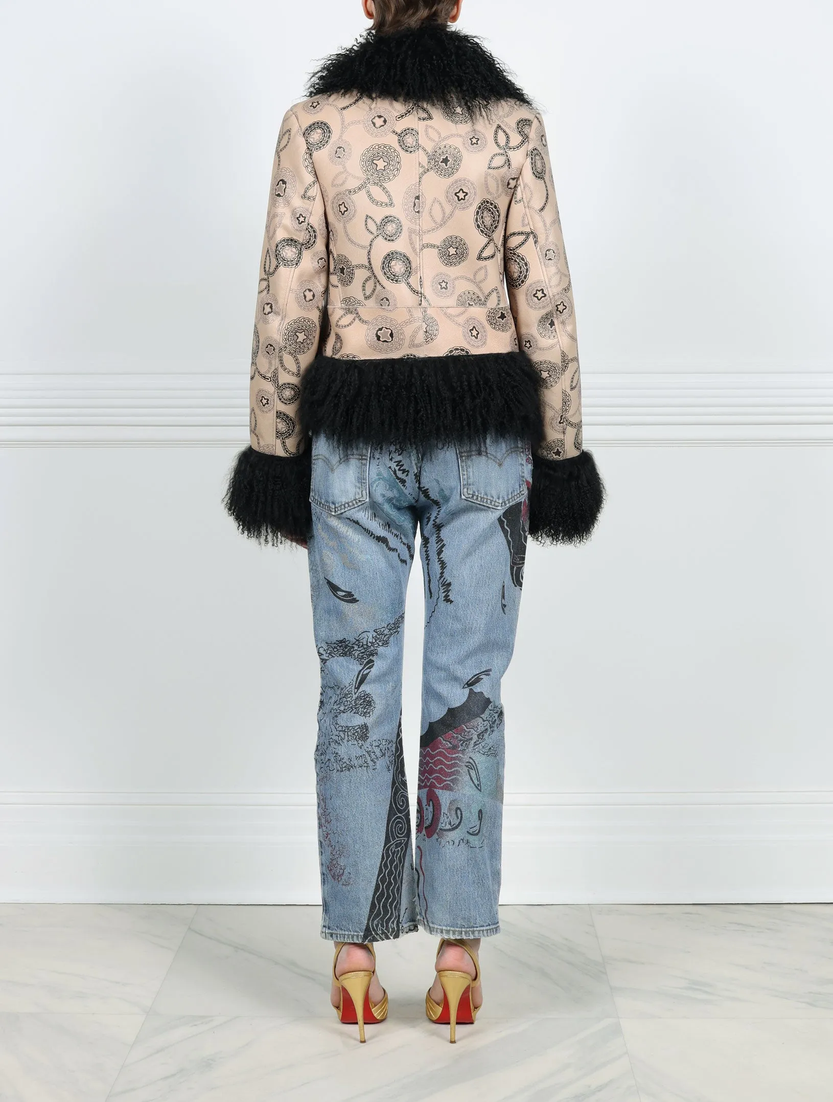 Knitted Flower Printed Shearling Jacket with Curly Lamb Trim Designed by Zandra Rhodes