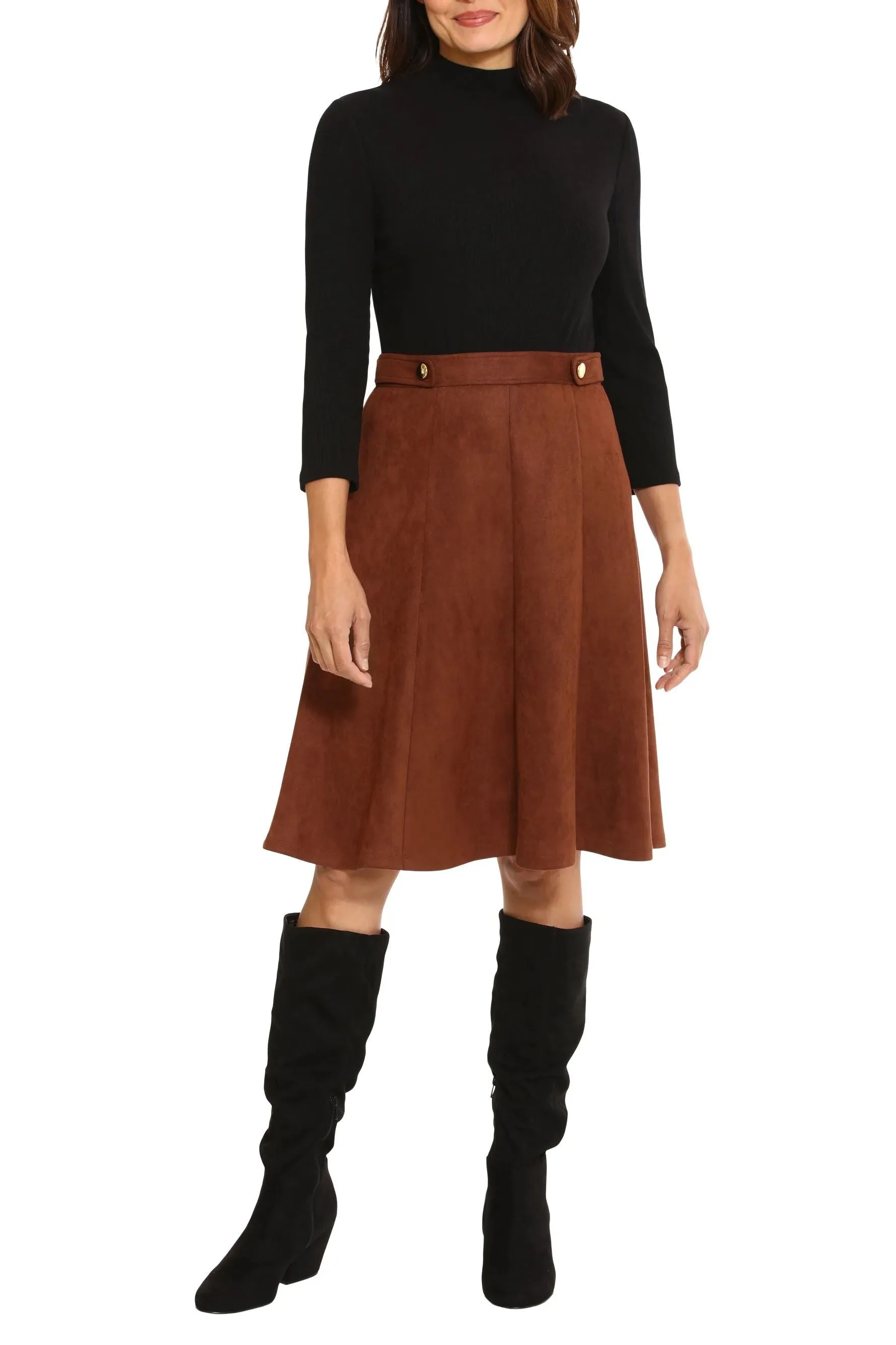 London Times high neck 3/4 sleeve ribbed top gold button detail faux suede skirt